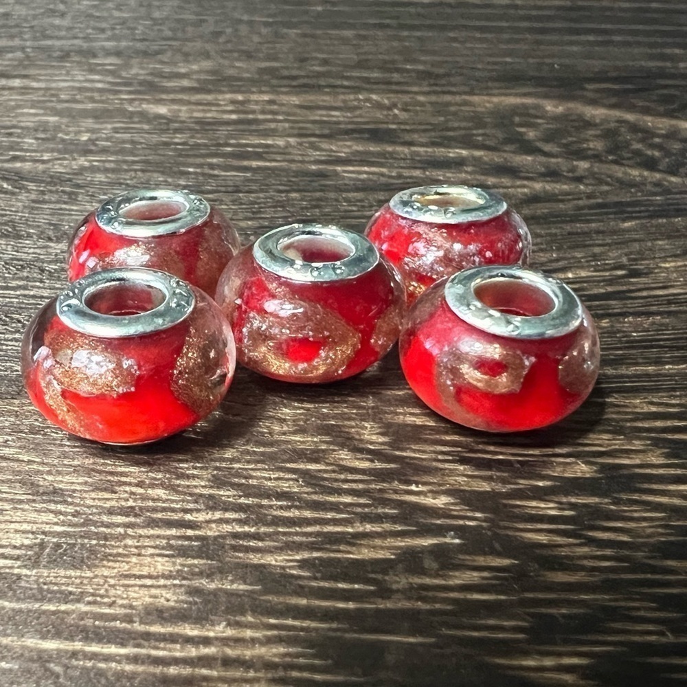 Red Acrylic Gold Sparkle Bracelet Charms 925 Set of 5 B28